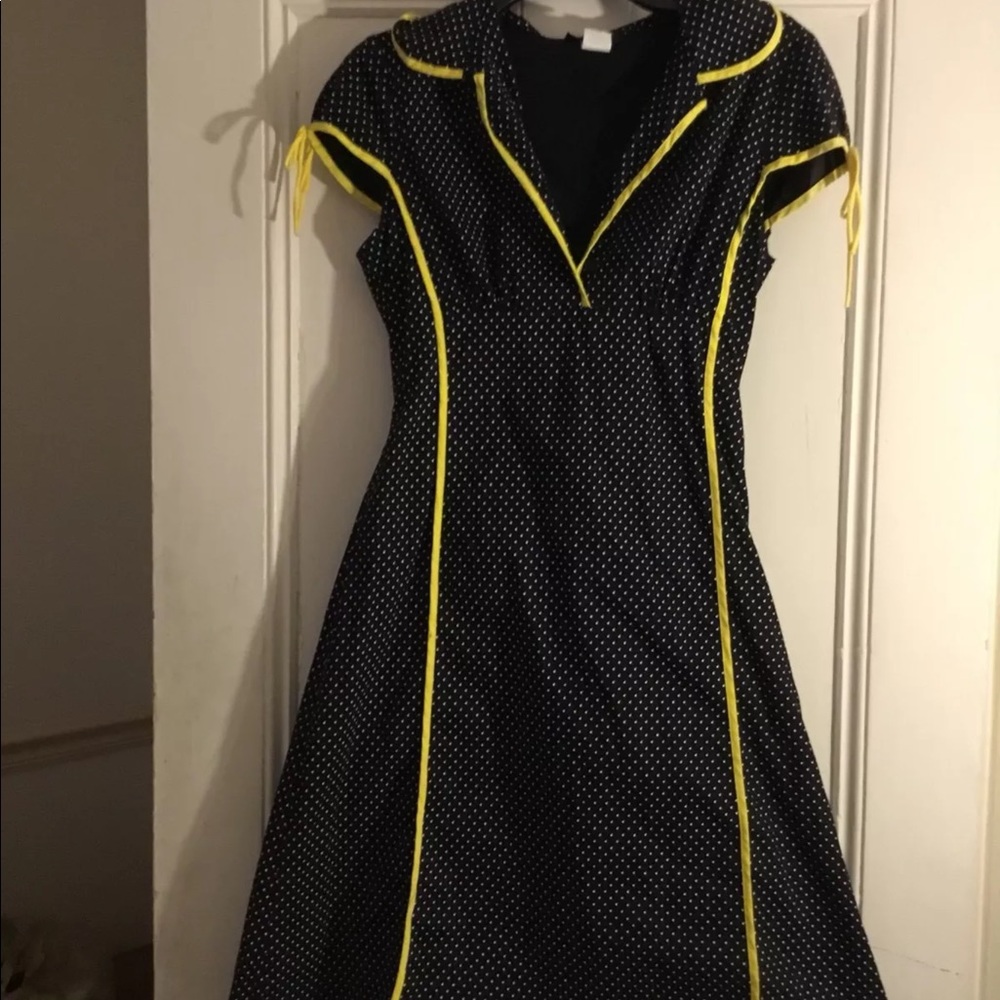 Yellow w black white polka dot rockabilly dress